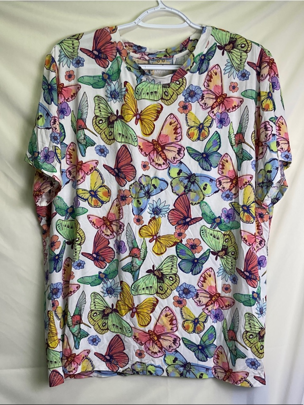 Johnny Was White Short Sleeve Tee with Multicolor Butterfly Print